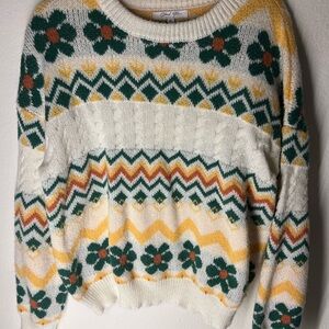 Chic Floral Knit Sweater in Green, Yellow, and Cream